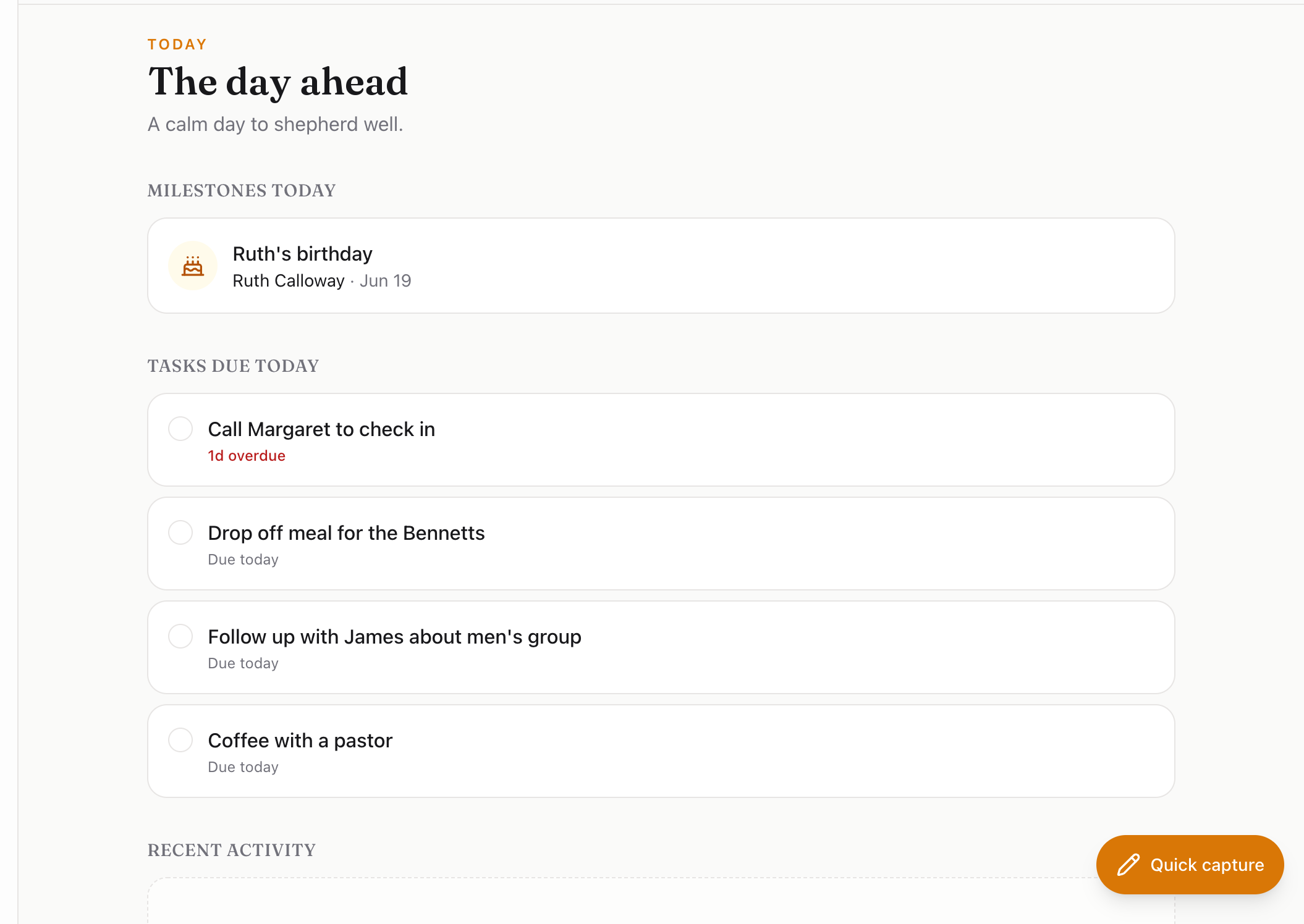 Shepherd Today view with sample milestones and tasks